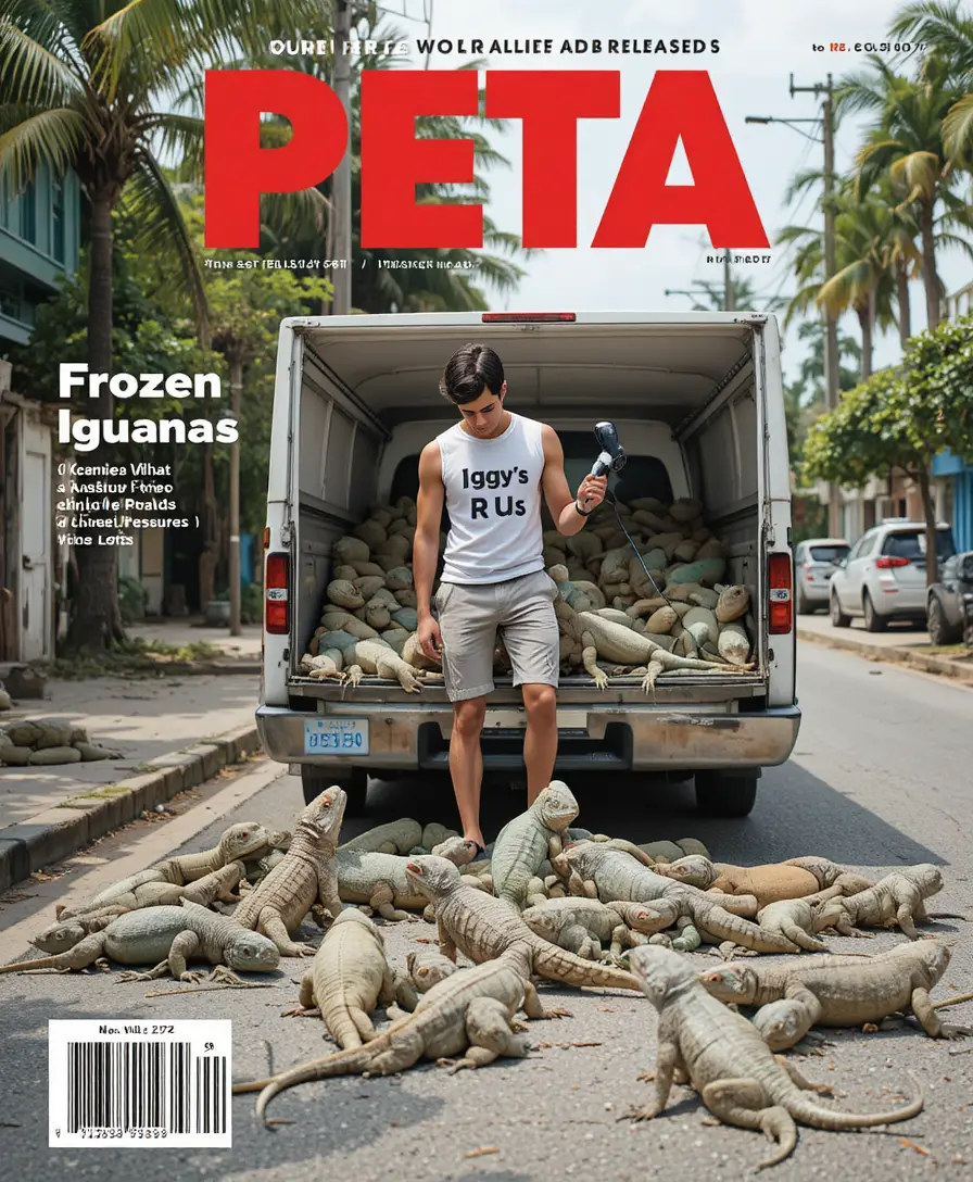 Uomo che carica iguane su un camion in una strada tropicale