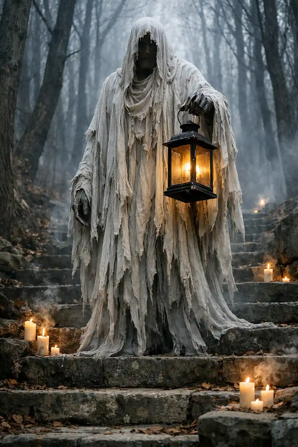 Ghostly wraith with lantern on misty forest steps