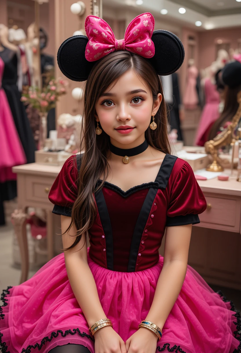 Nervous tween dressed as Minnie Mouse in boutique backroom
