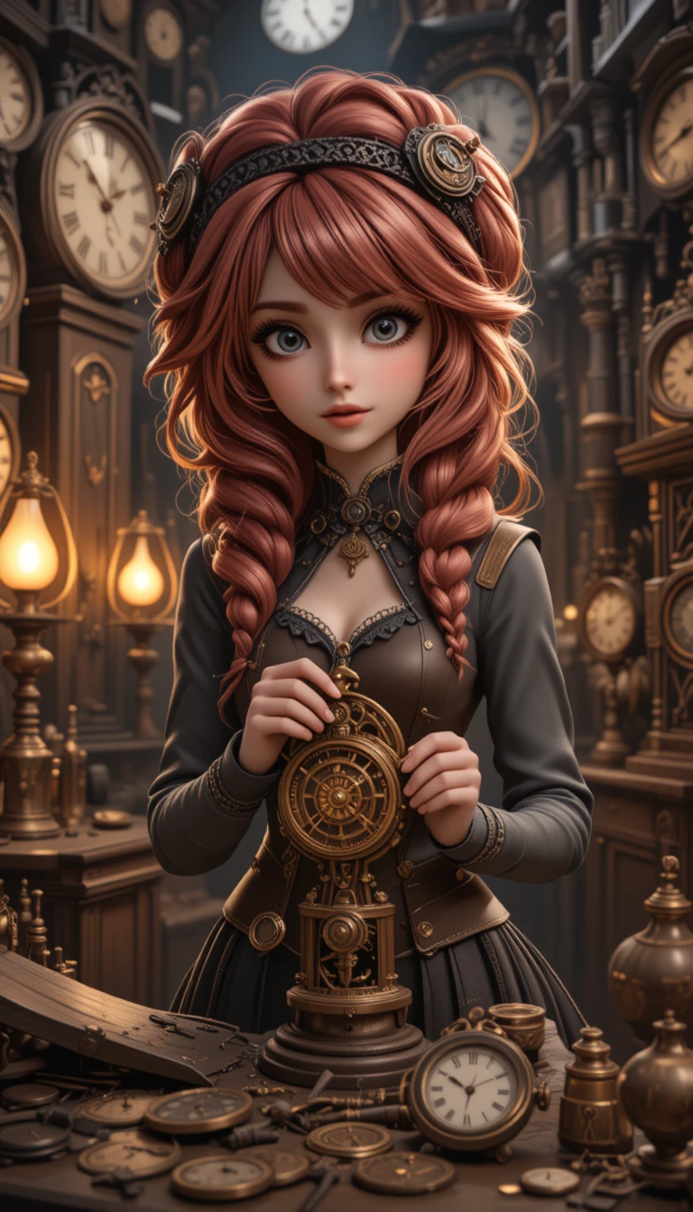 Donna steampunk che ripara orologi in una calda officina vintage