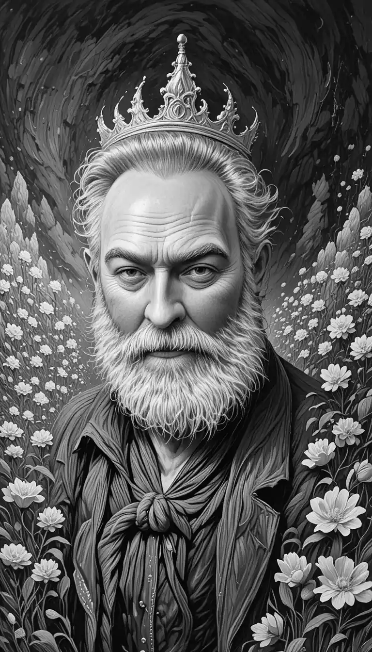 Portrait mélancolique d’un vieux roi en dessin noir et blanc