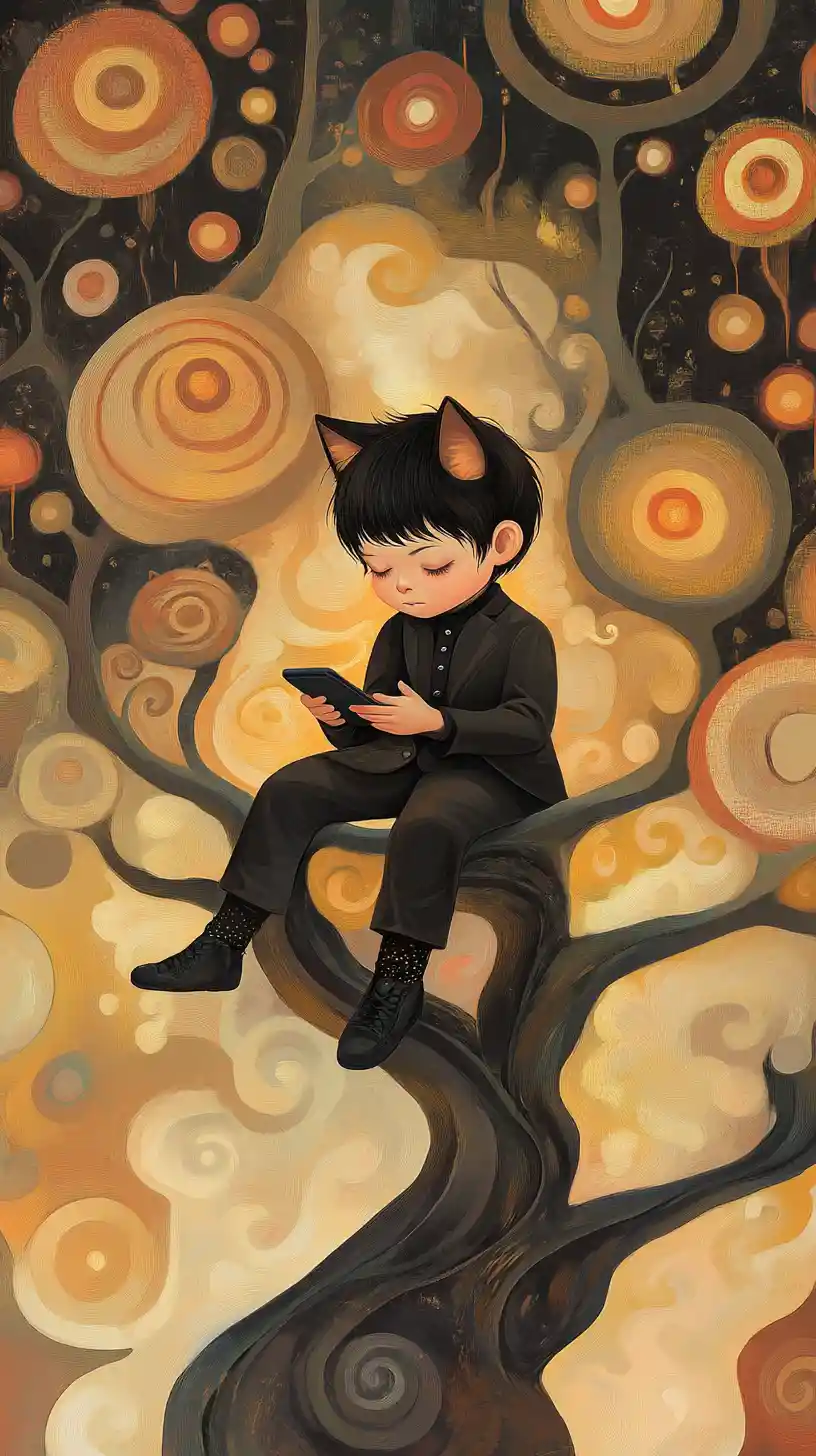 Young boy with cat ears on a floating tree platform