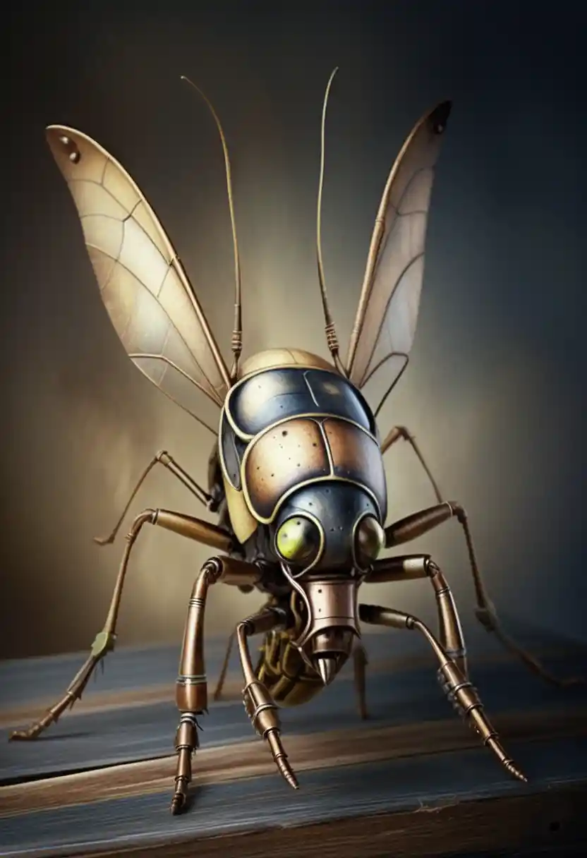 Hyper realistic steampunk mechanical cricket on wooden base