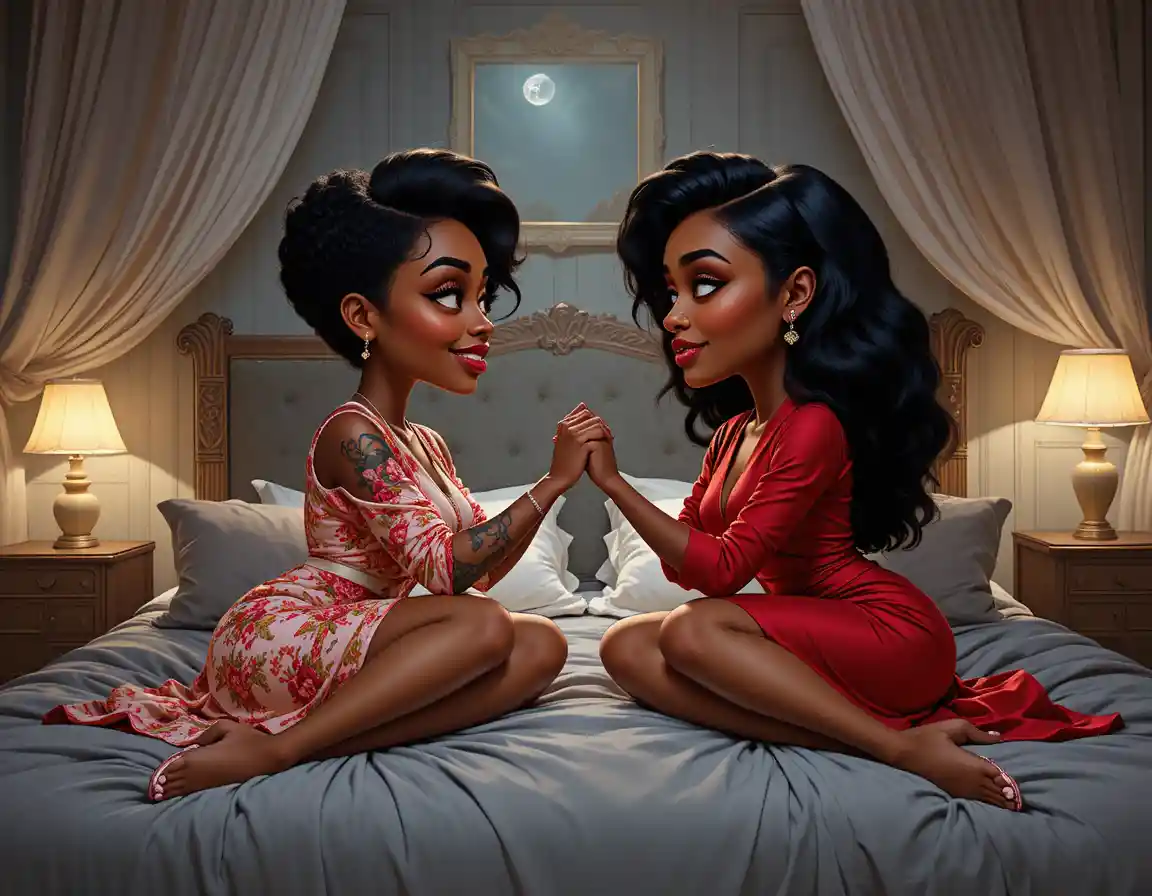 Two women holding hands on a bed in a cozy bedroom
