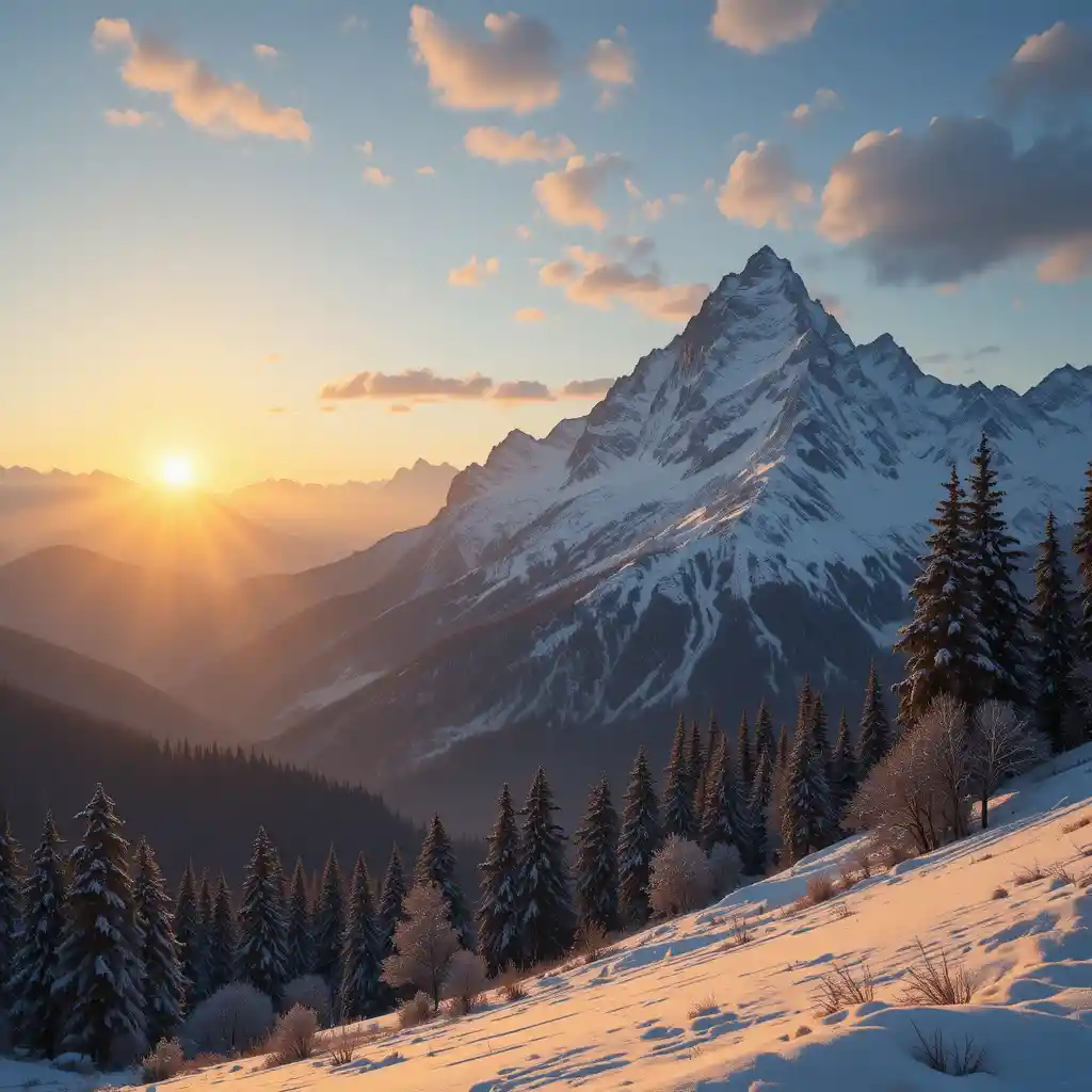 Sunrise over snowy Swiss Alps with trees and glowing sky