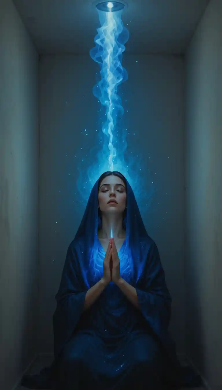 Kniendes Mädchen, das vor einer leuchtenden spirituellen Gestalt betet