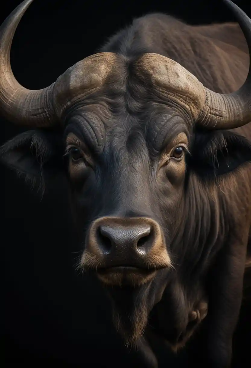 Majestic water buffalo portrait in dramatic close up lighting