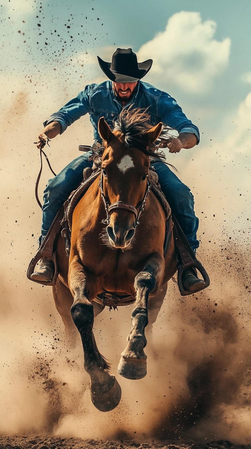 Cowboy thrown from bucking bronco in dusty rodeo arena