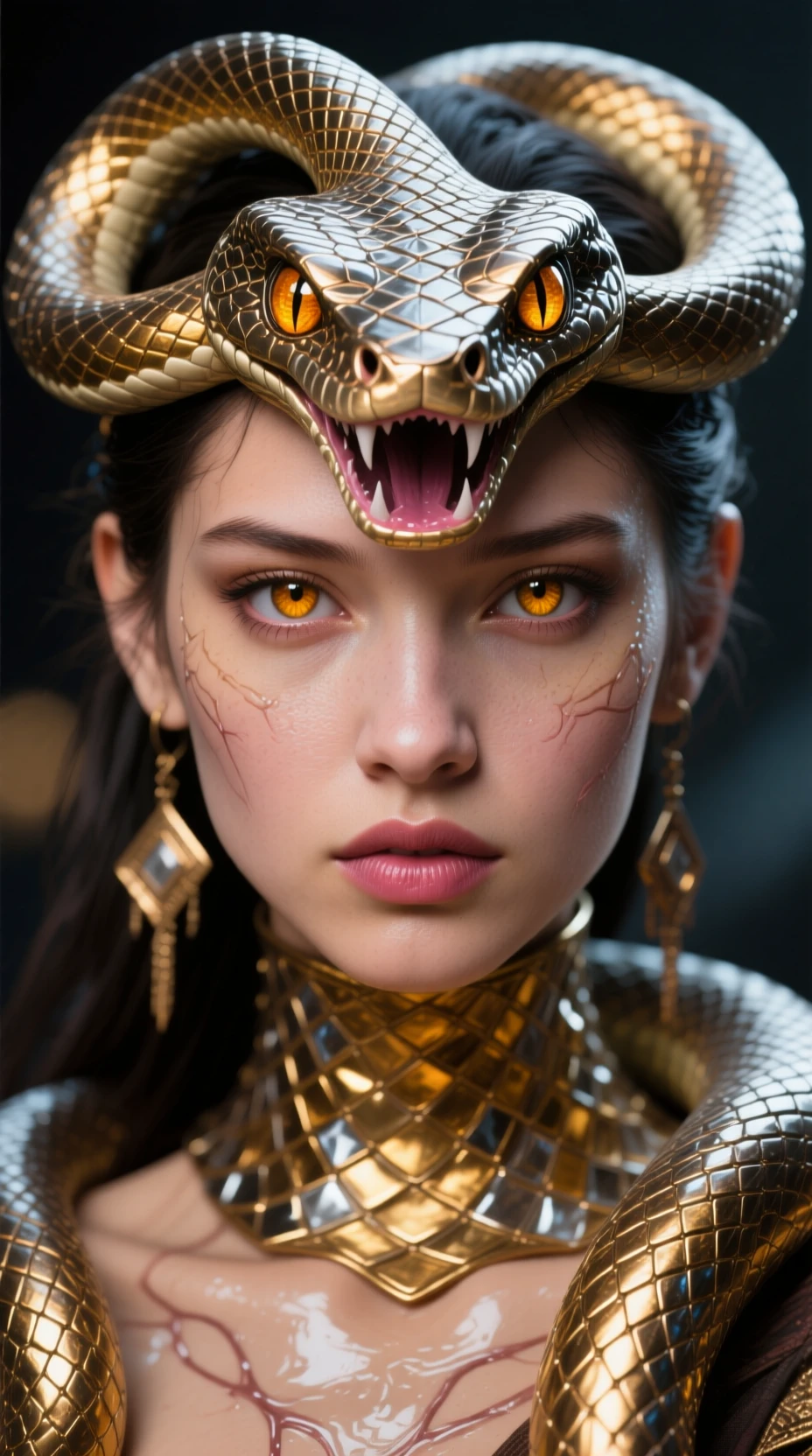Fantasy serpent priestess close up with golden reptile mask