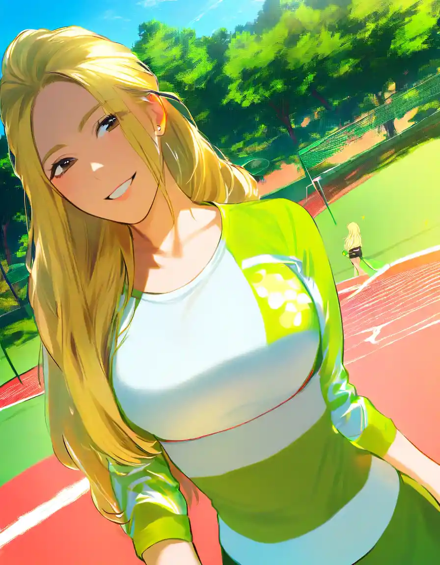 Blonde girl smashing a tennis ball on clay court