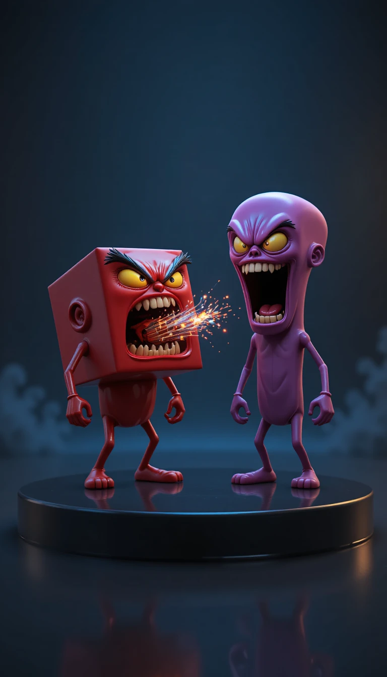 Cartoon cube monster biting exploding fireworks beside screaming cylinder