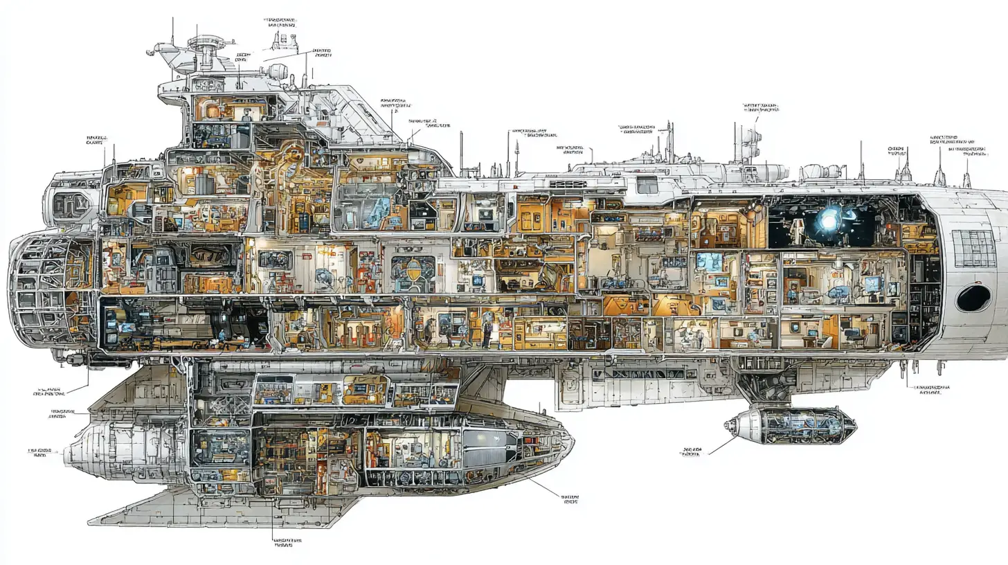 Gigantic spaceship cross section with decks and living quarters