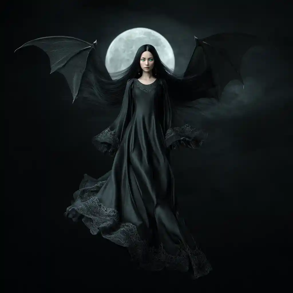 Dea vampirica in volo davanti a una luna argentea nella notte