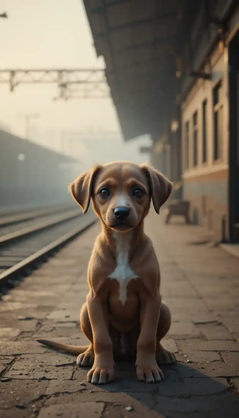 Lonely brown puppy at a foggy Indian railway platform
