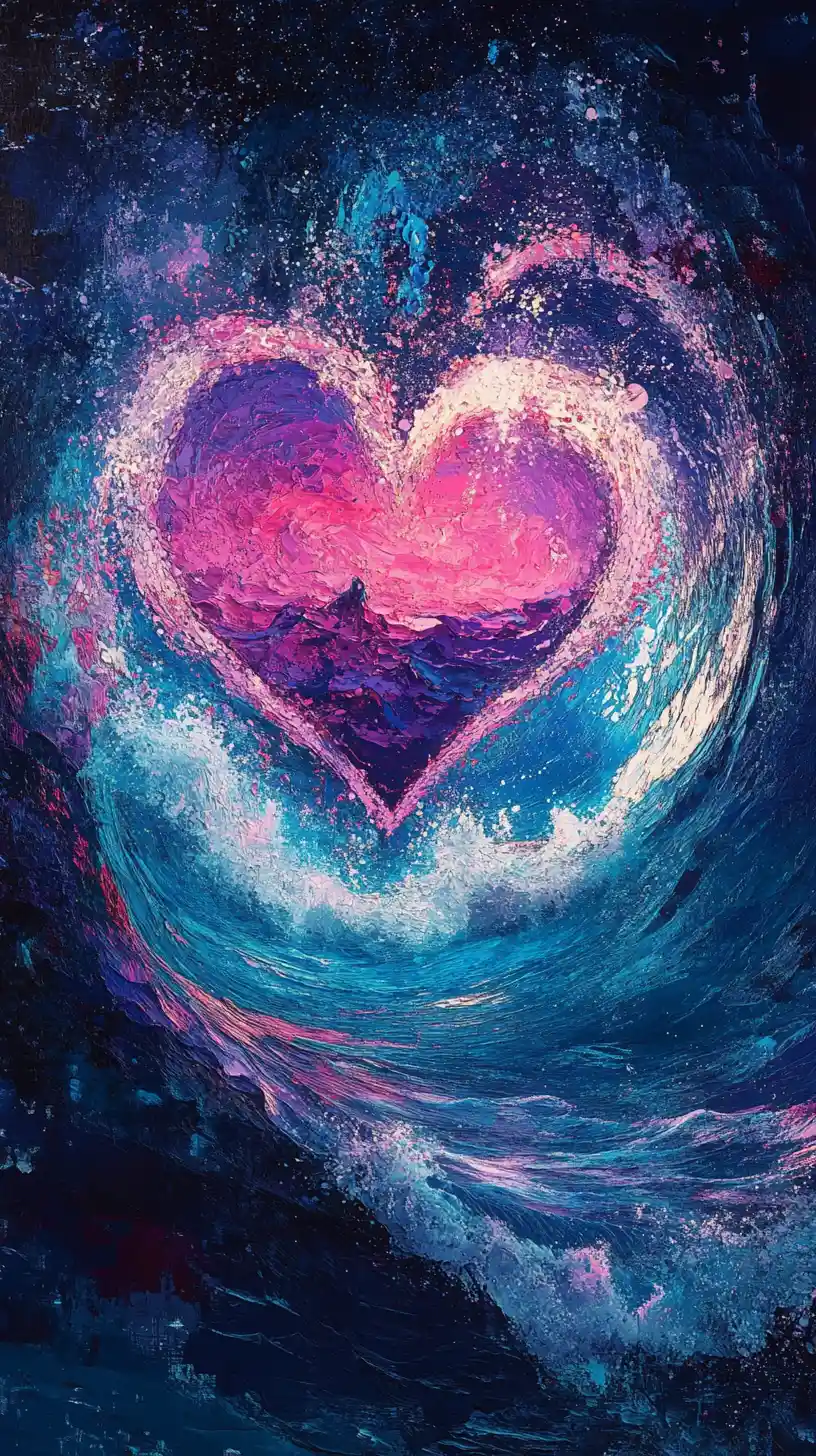 Joyful surreal heartscape in shimmering ocean dreams