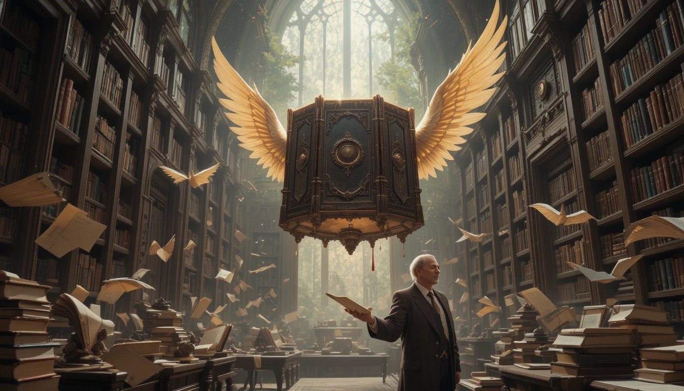 Sabio bibliotecario con libros voladores en una biblioteca resplandeciente