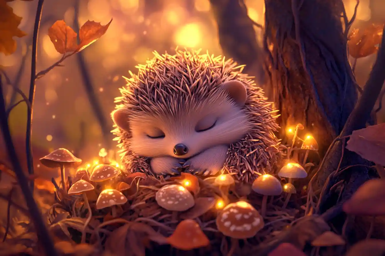 Baby hedgehog resting among glowing mushrooms at dusk