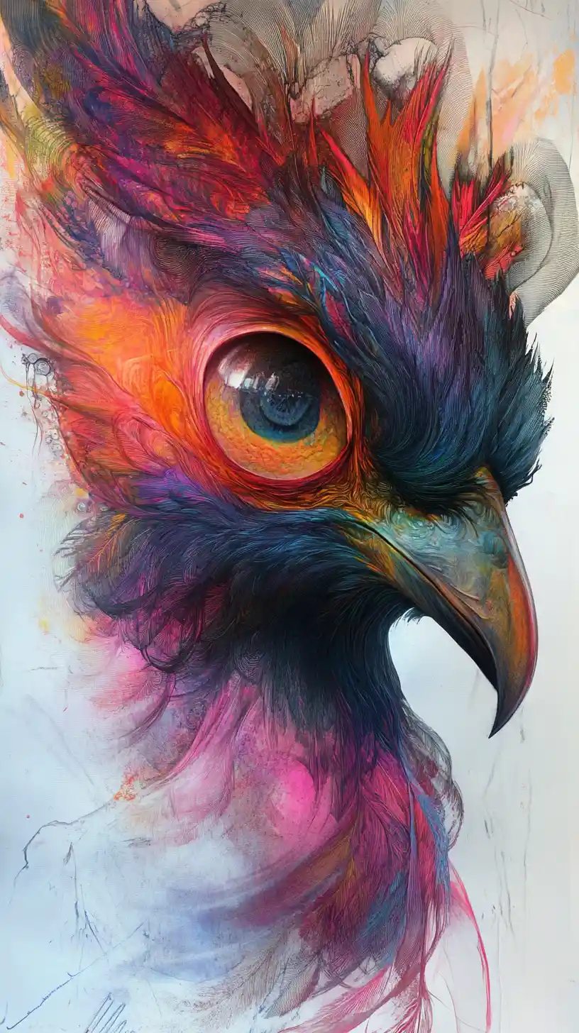 Surrealer Mixed-Media-Vogel mit großen geheimnisvollen Augen
