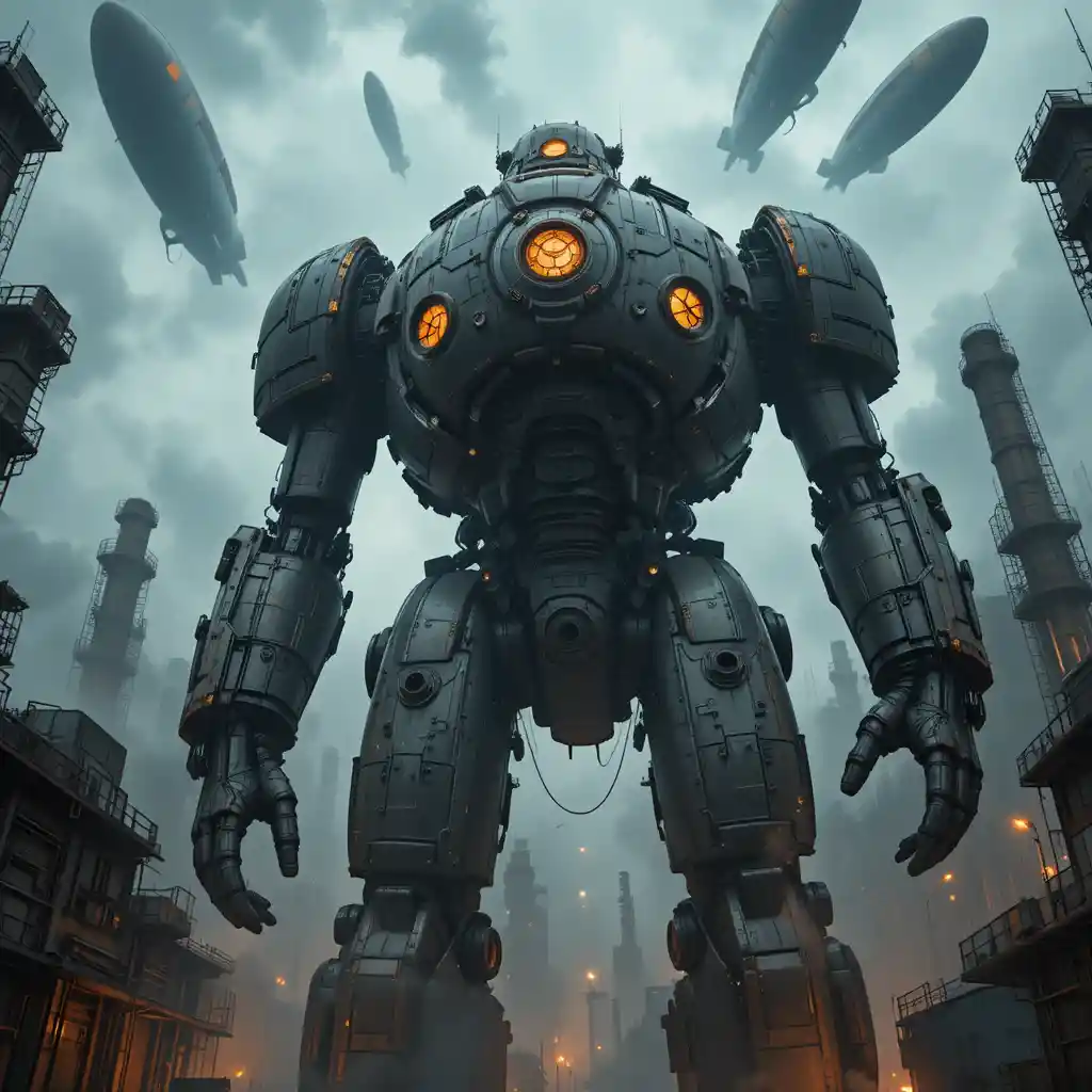 Colossale robot industriale che domina lo skyline di una città distopica
