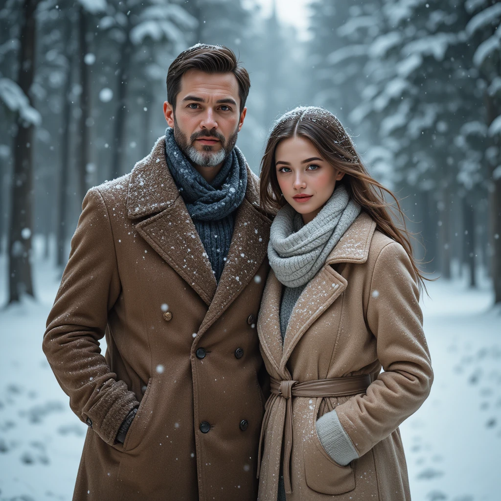 Elegantes Paar steht gemeinsam in einem verschneiten Winterwald