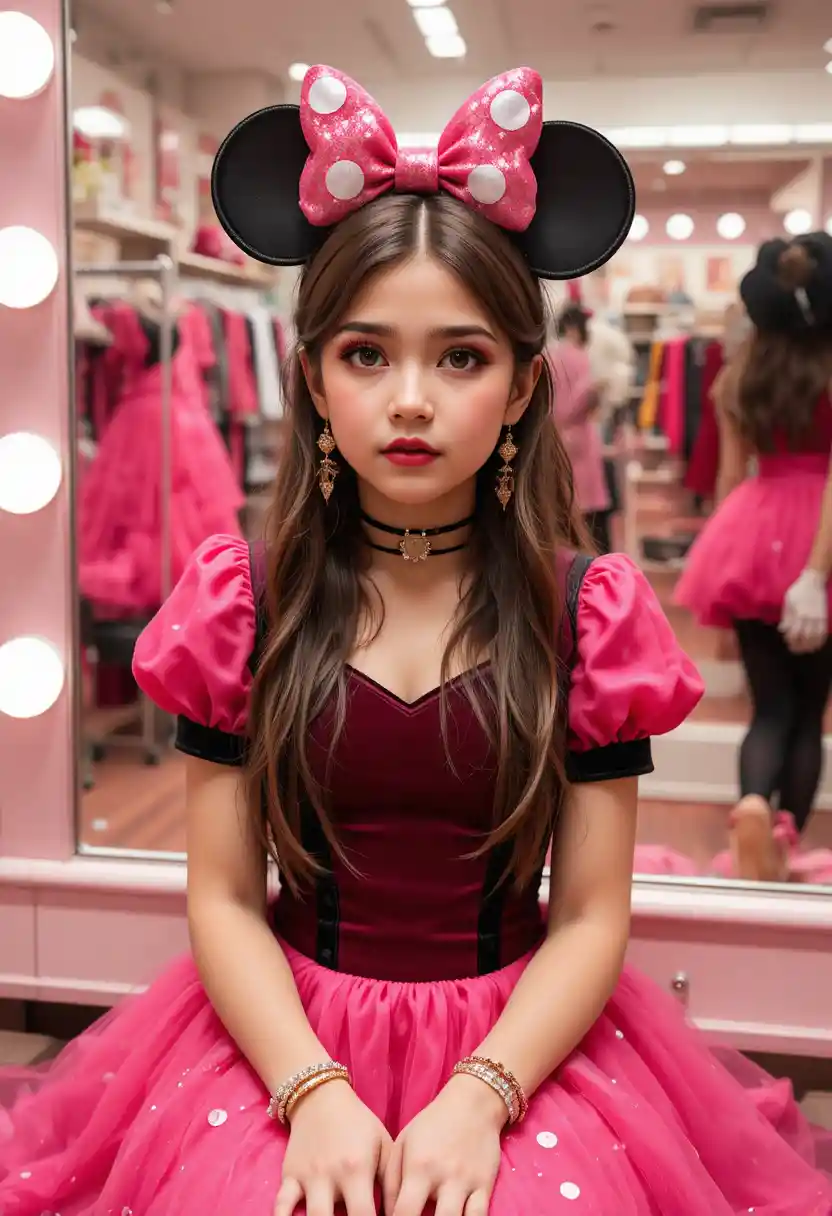 Niño preadolescente nervioso con vestido rosa de Minnie frente al tocador