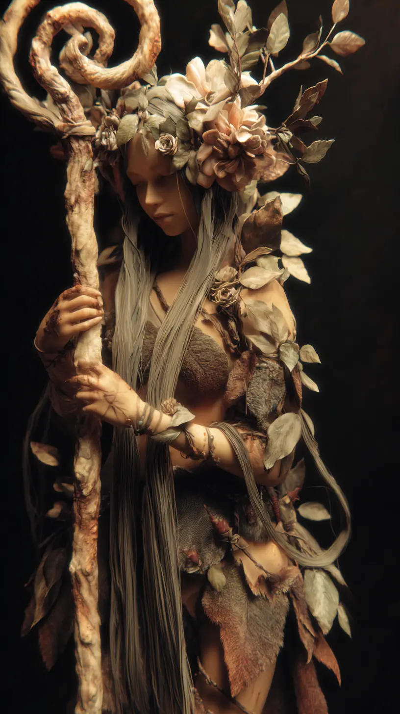 Forest nymph holding a glowing staff in the dark night