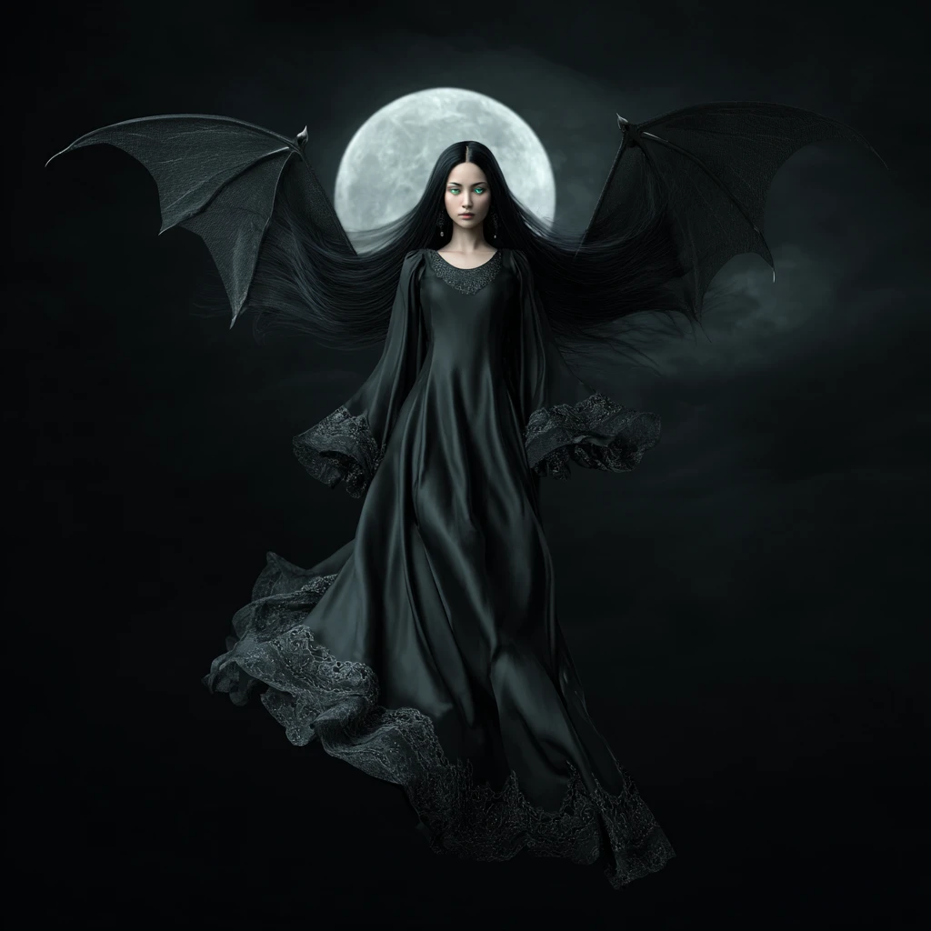 Dea vampirica in volo davanti a una luna argentea nella notte
