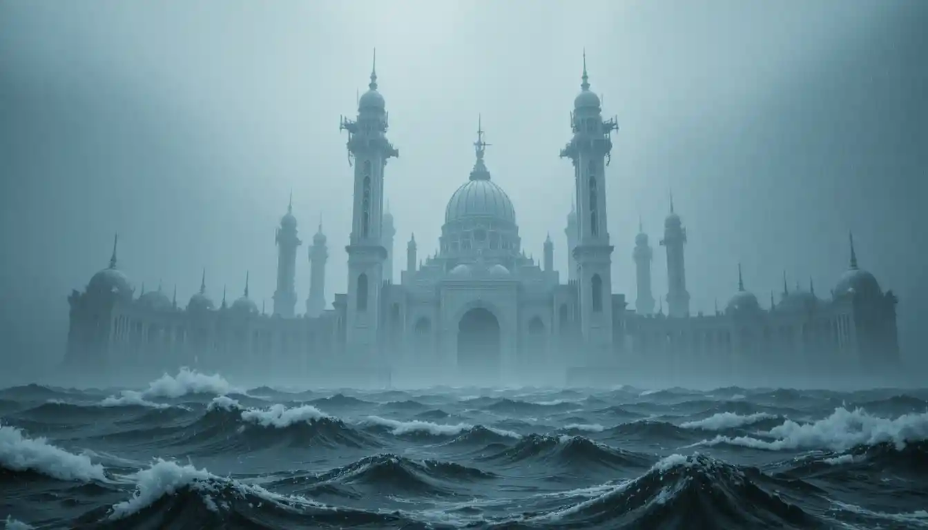 Imensas torres de uma cidade oceânica futurista sob chuva cinza implacável