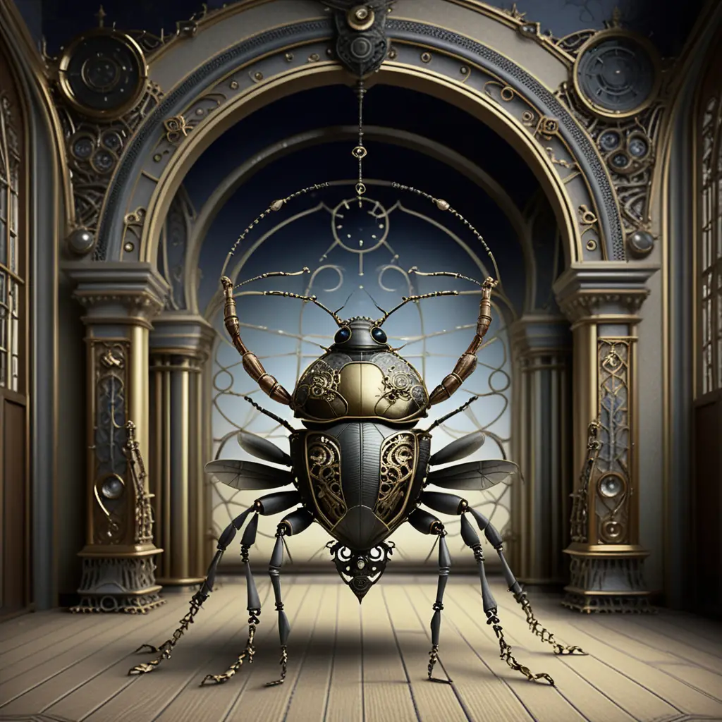 Steampunk Mechanical Beetle In Grand Victorian Interior Hall
