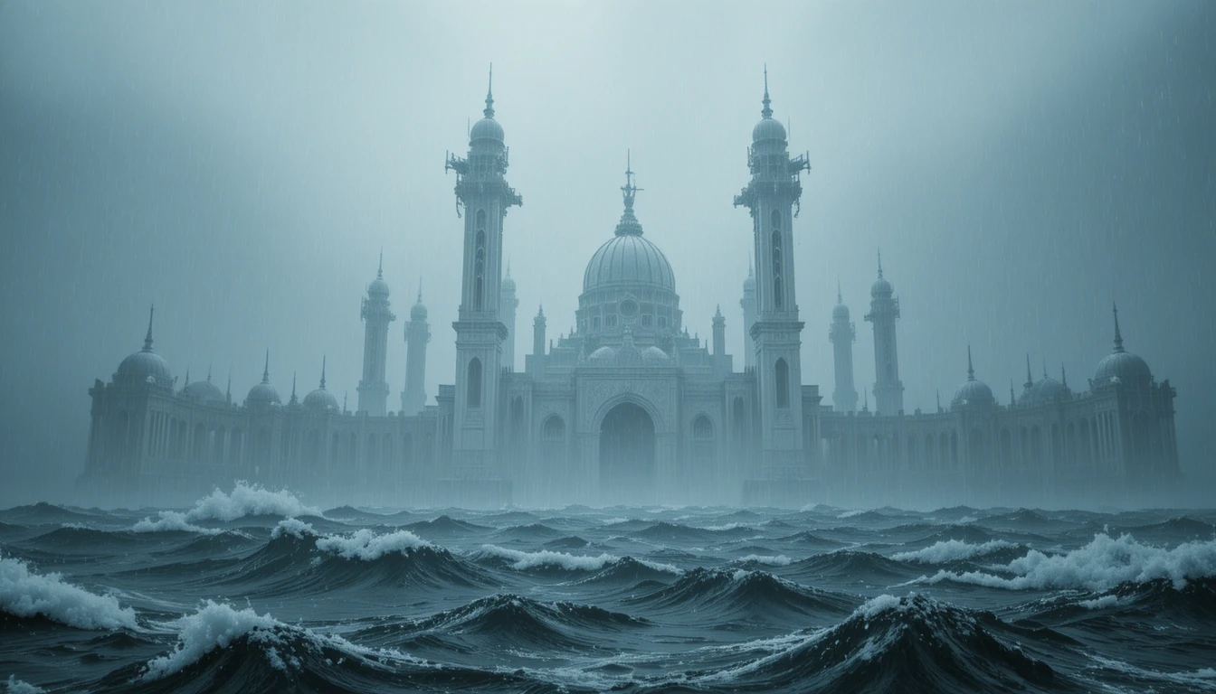Imponenti torri di una vasta città oceanica futuristica sotto una pioggia grigia implacabile