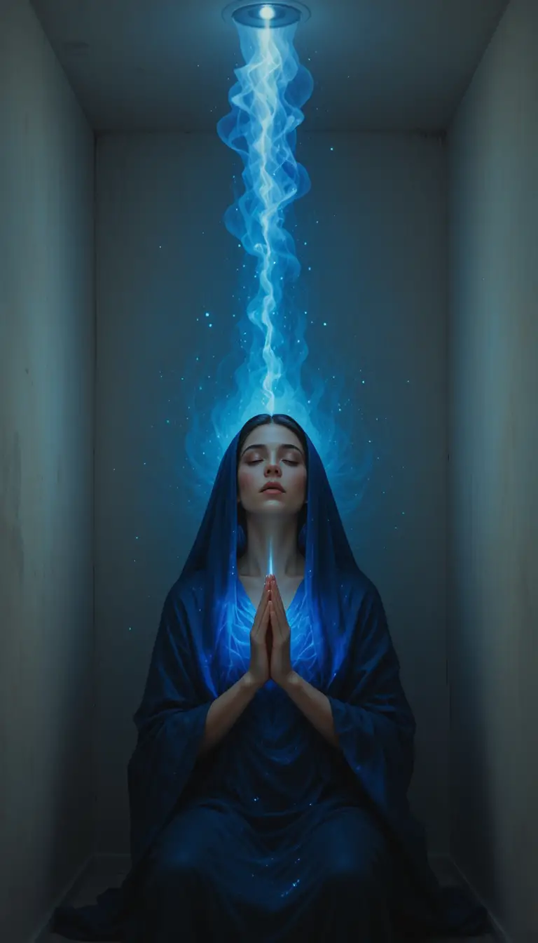 Chica arrodillada rezando ante una figura espiritual luminosa