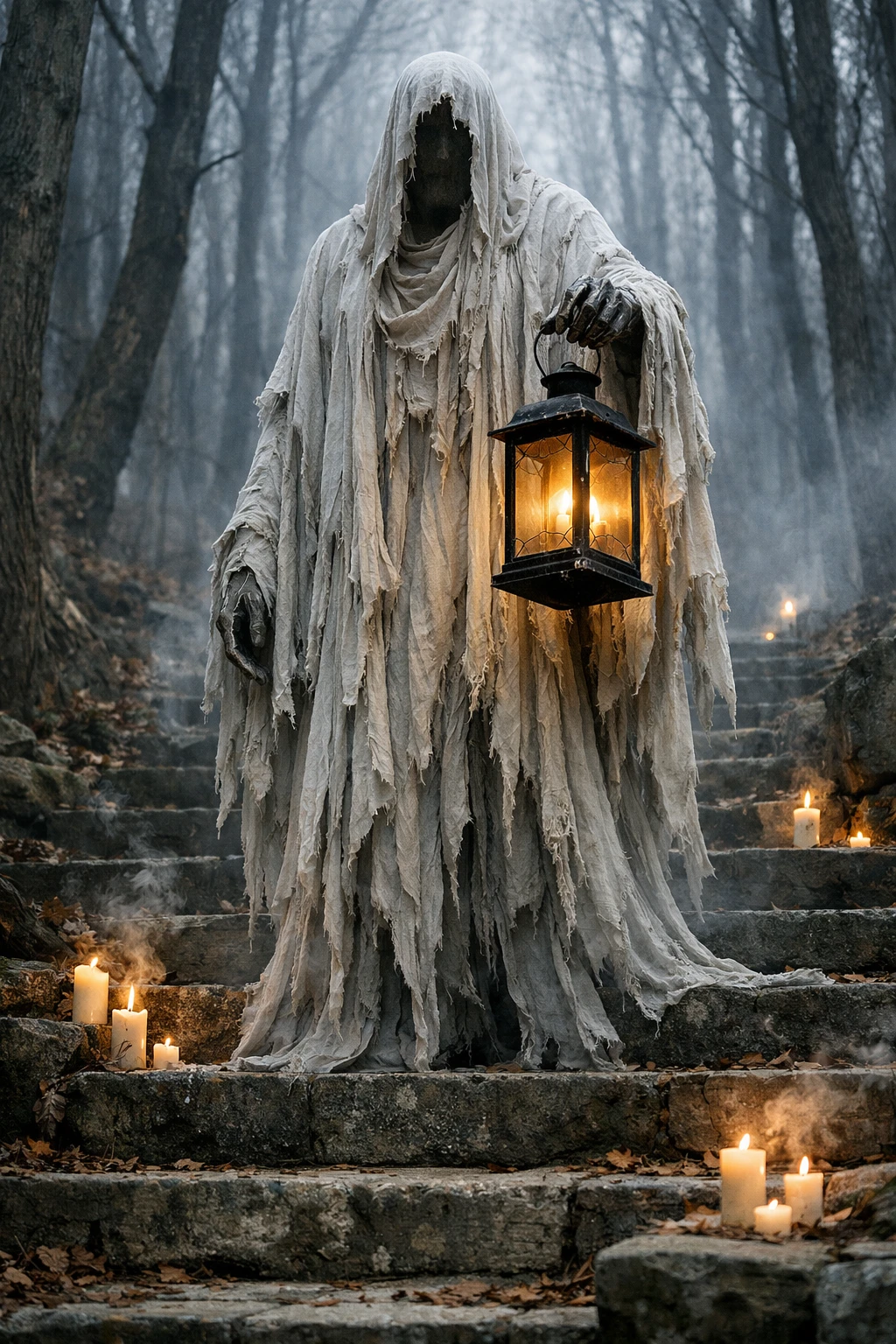 Spectre fantomatique avec lanterne sur des marches de forêt brumeuse