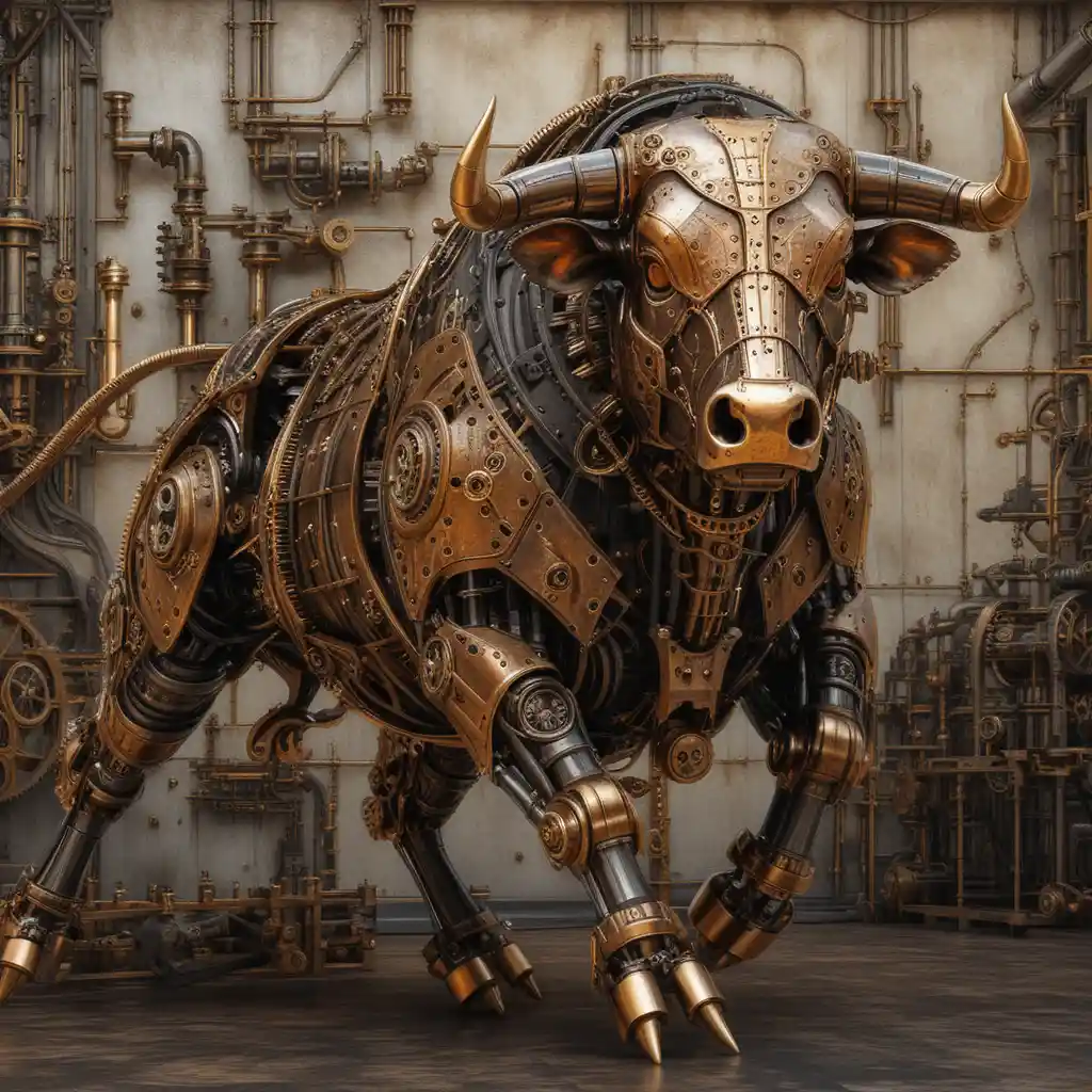 Steampunk mechanical bull sculpture in dynamic side profile