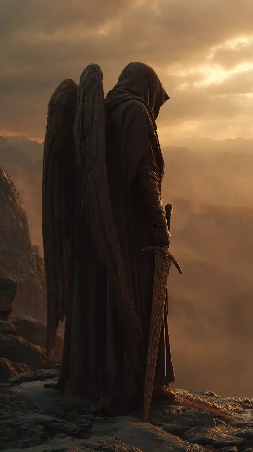 Hooded angel with tattered wings on a sunset cliff