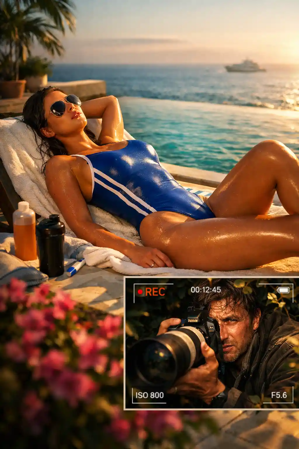 Athlete Sunbathing By Infinity Pool As Hidden Camera Watches