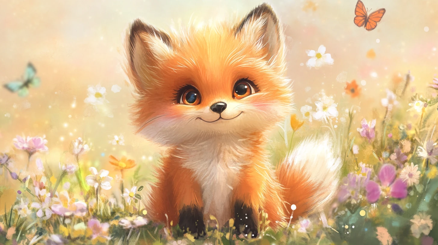 Cute baby fox in a sunny watercolor flower meadow