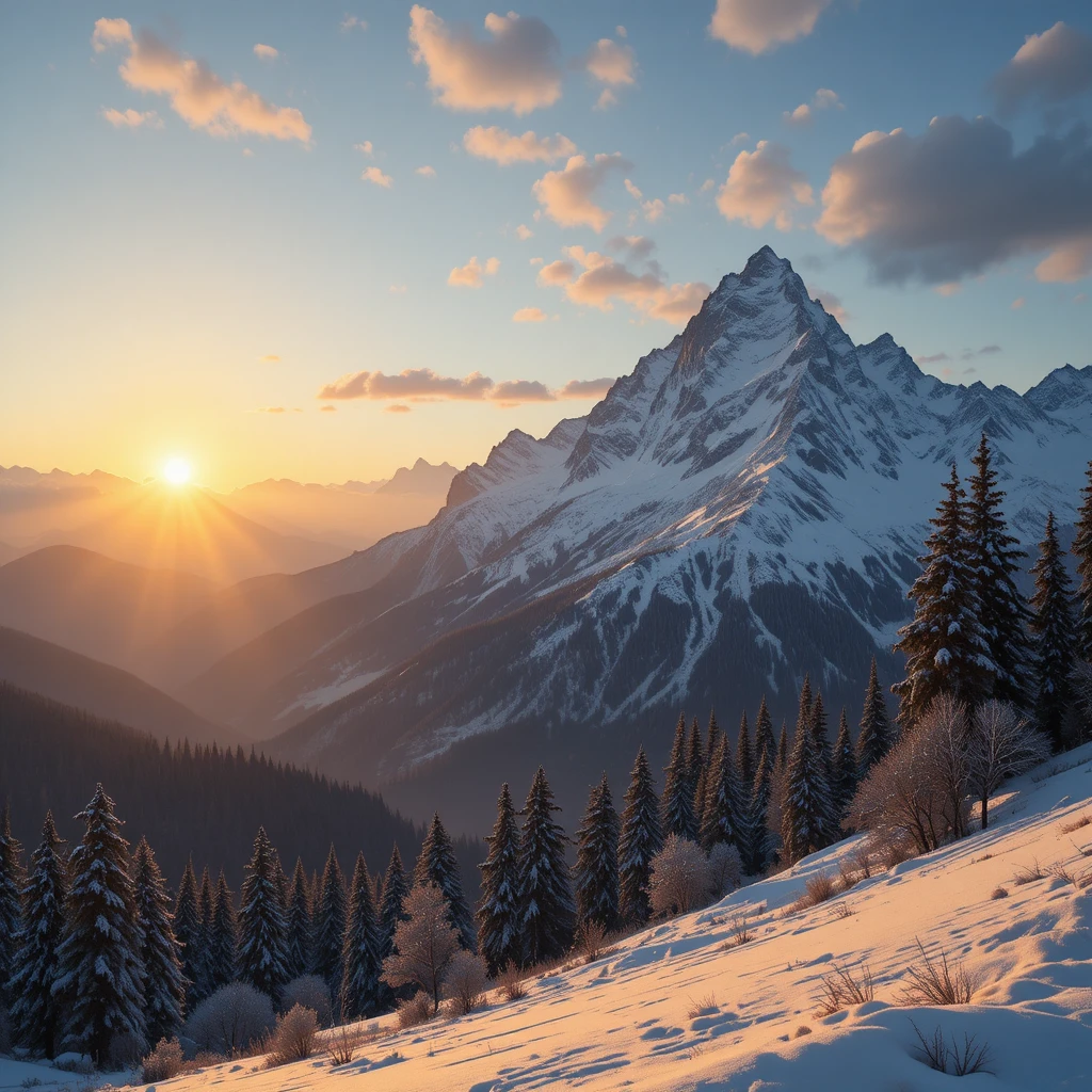 Amanecer sobre los Alpes suizos nevados con árboles y cielo resplandeciente