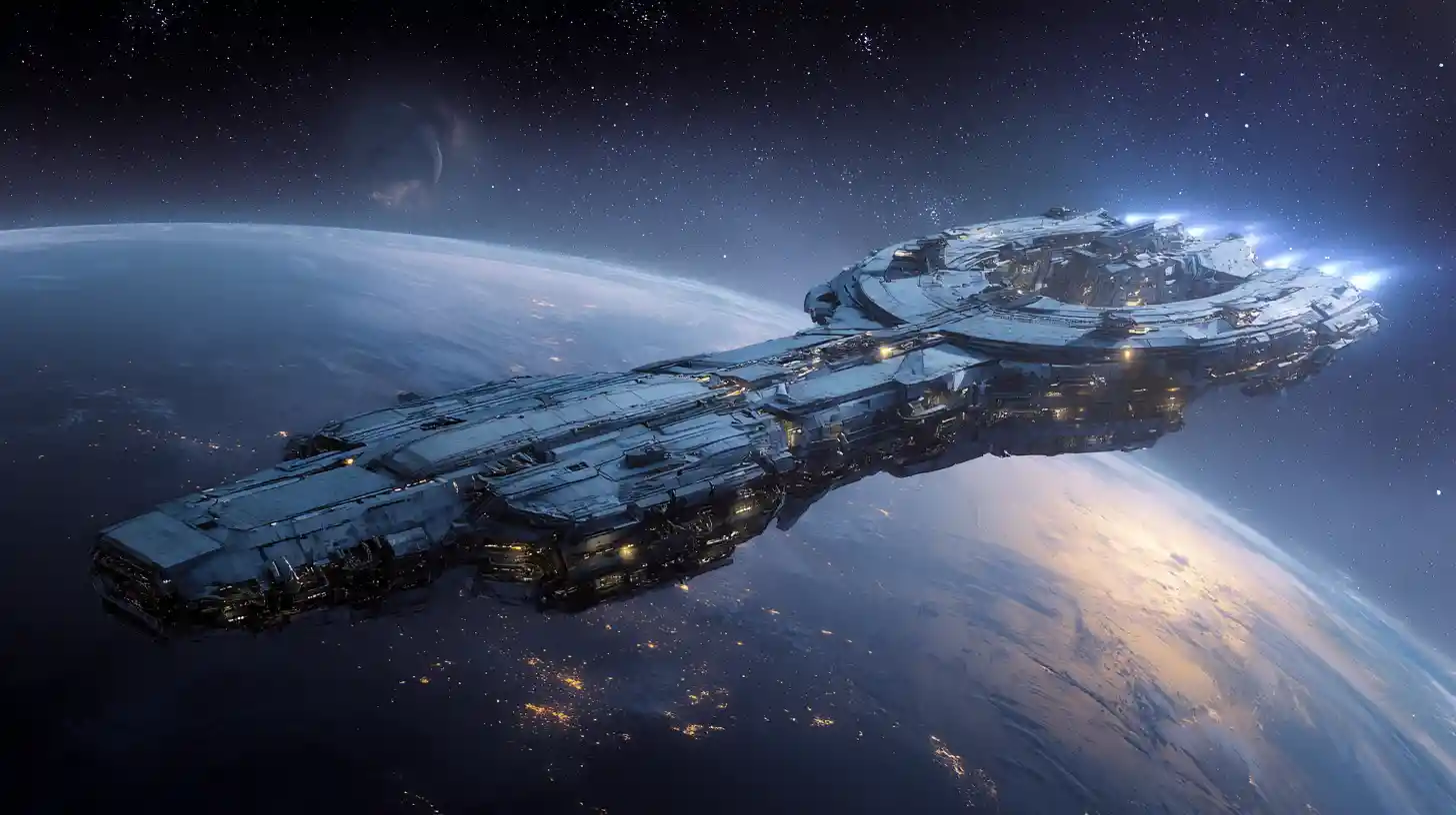 Gigantic horseshoe spaceship firing a planet killer weapon