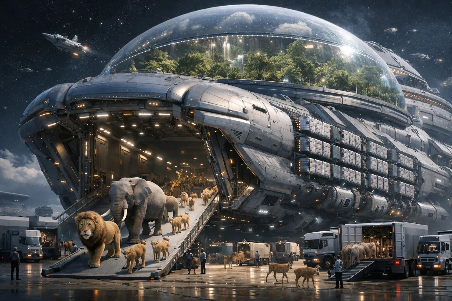 Gigantic cargo spaceship city loading pairs of wild animals
