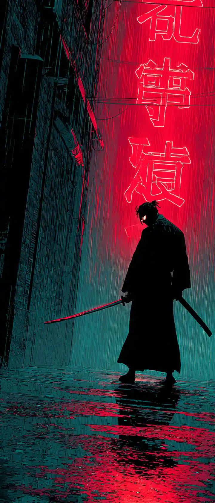 Cyber samurai in neon lit rainy alley with katana drawn
