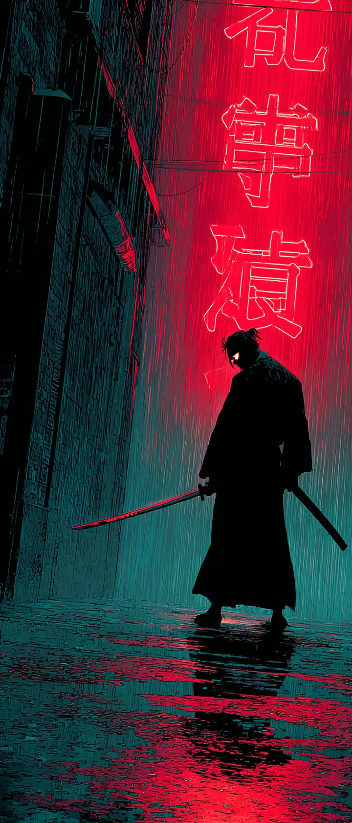 Cyber samurai in neon lit rainy alley with katana drawn