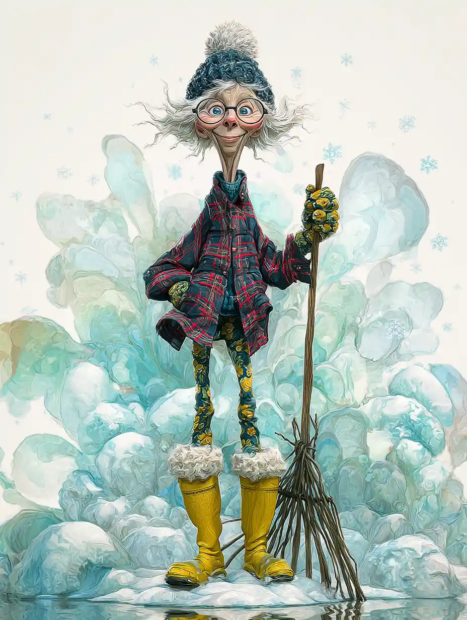 Quirky grandma in plaid coat with garden rake