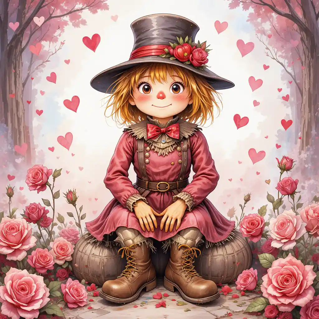 Cute scarecrow in valentines outfit with hearts and roses