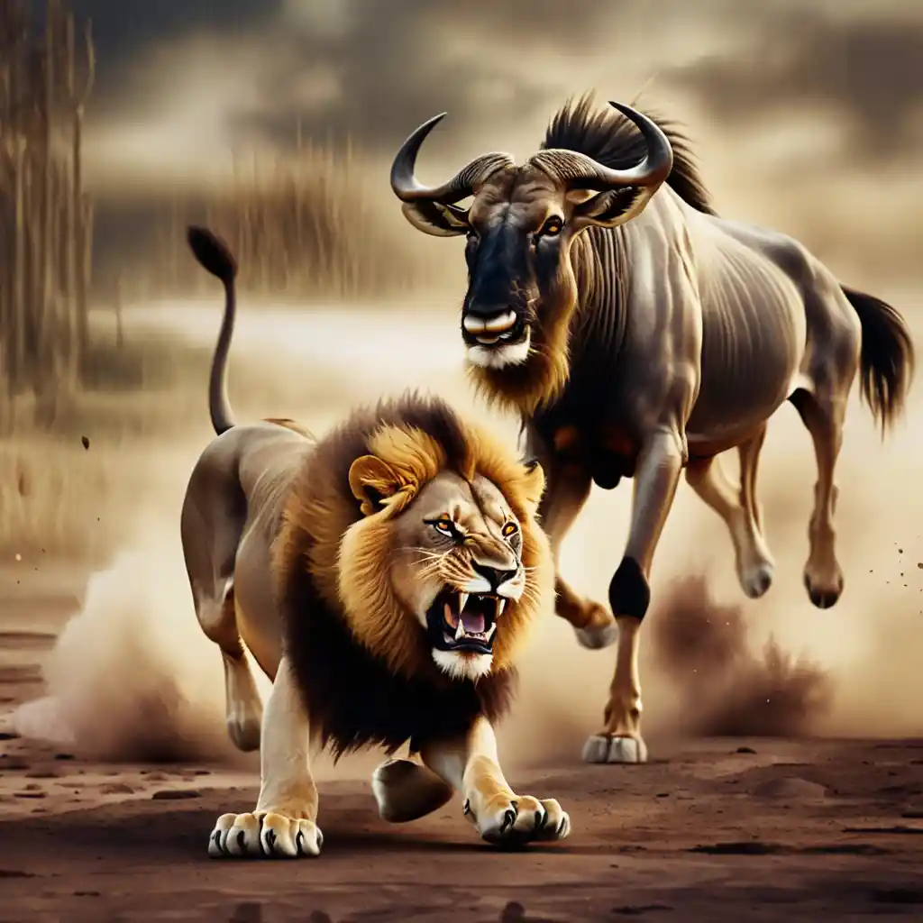 León embistiendo y persiguiendo a un ñu por la sabana polvorienta