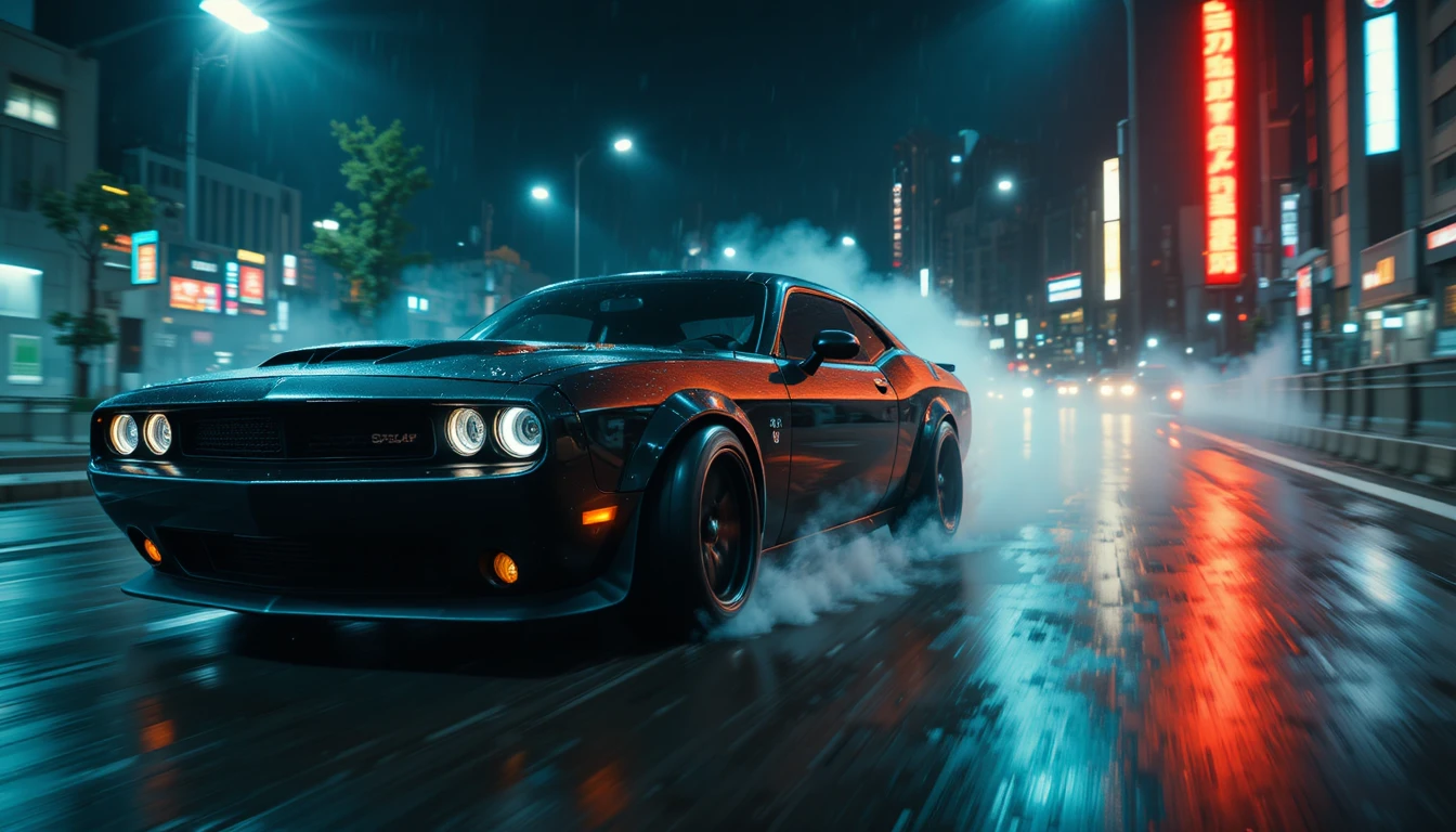 Muscle car derrapando en autopista mojada de Tokio de noche