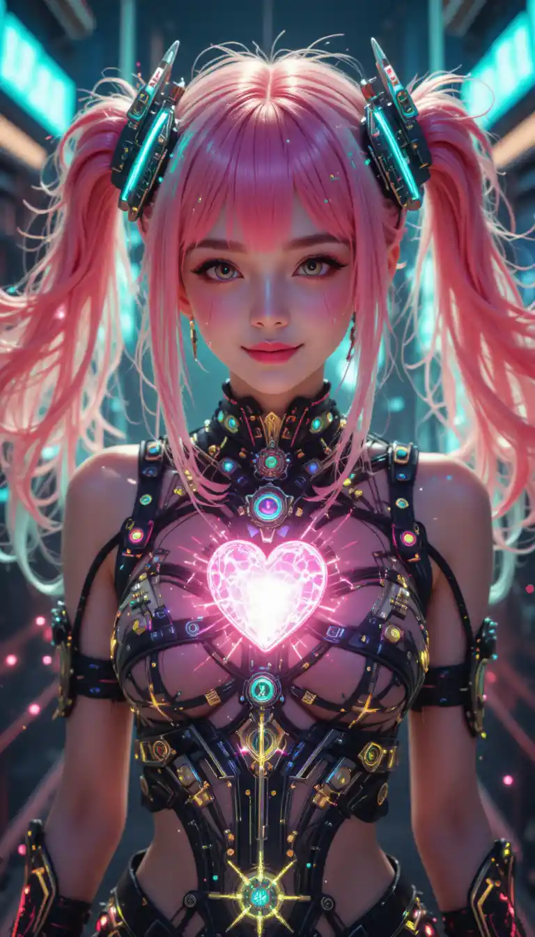 Cyberpunk anime girl with neon pink hair and circuits