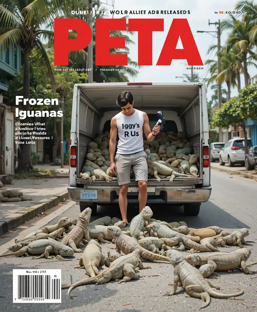 Man loading iguanas into a truck on a tropical street