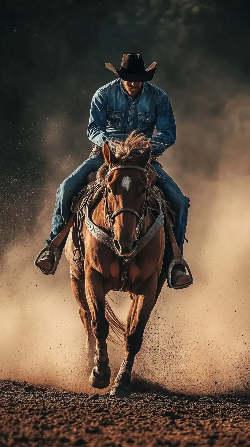 Cowboy thrown from bucking bronco in dusty rodeo arena