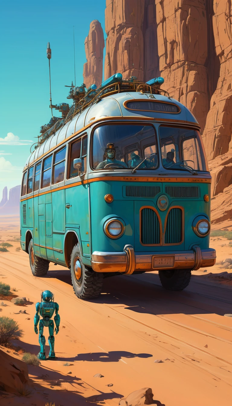 Enorme autobús mecánico caminando por un desierto luminoso