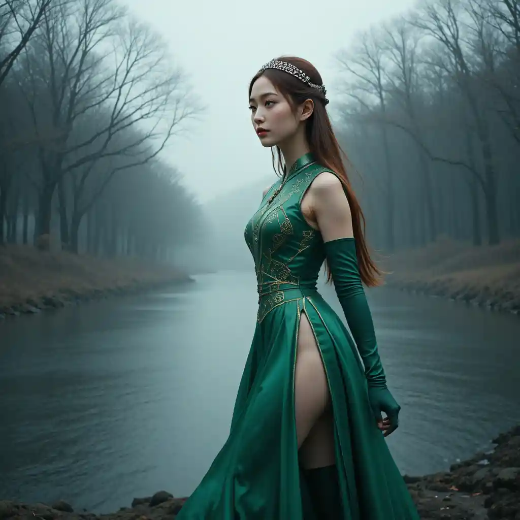Korean woman in emerald leotard by a misty forest river